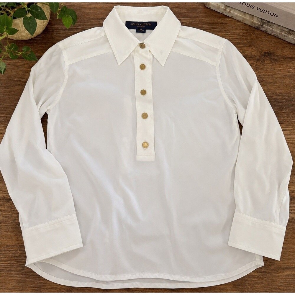 Louis Vuitton Uniforms White Logo Gold buttons Long Sleeve Blouse Top Sz 40